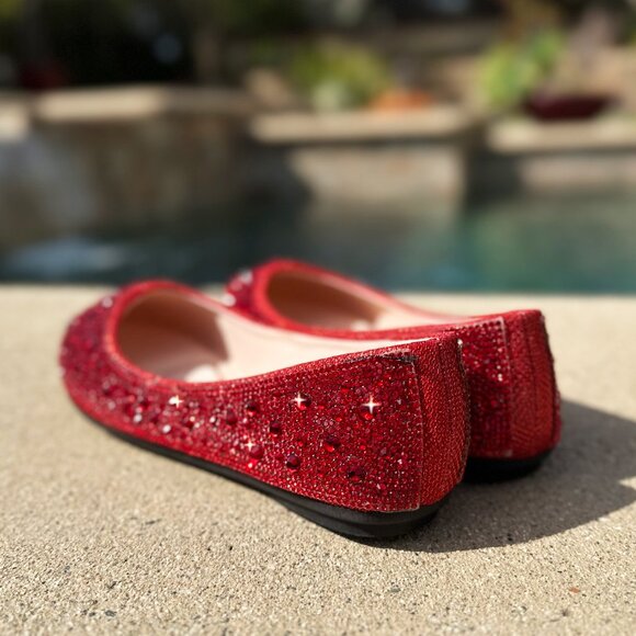 New Red Round Toe Rhinestone Crystal Embellished Ballet Flat Shoes Ballerina - Picture 4 of 5